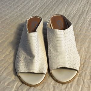 White slides with cork heel